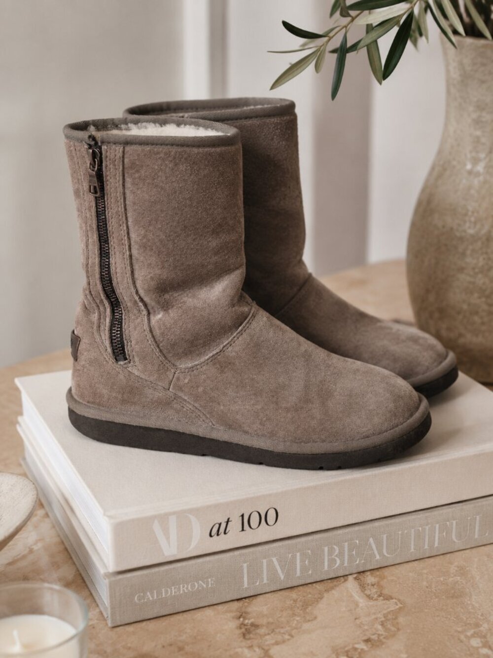 UGG Mayfaire Side Zip Suede Mid-Calf Boots Mushroom Women's